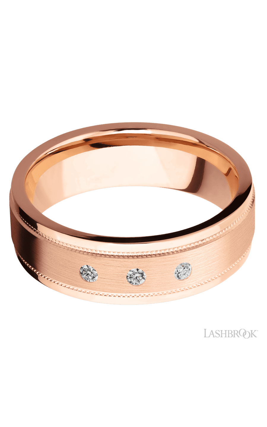 7 mm wide/Flat Stepped Edges Milgrain/14K Rose Gold band with an arrangement of 3, .03 carat Round Diamond stones in a Flush setting.