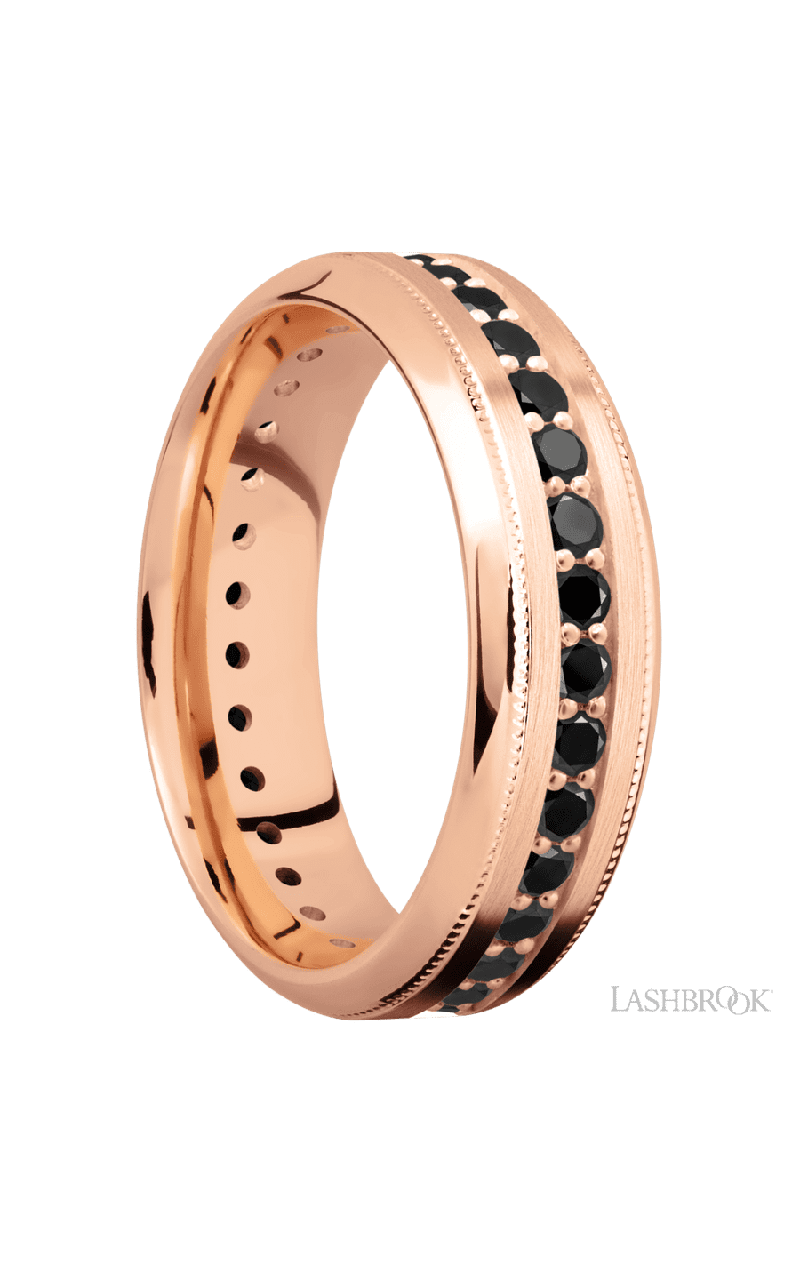 7 mm wide/High Bevel Milgrain/14K Rose Gold band with an Eternity arrangement of .03 carat Round Black Diamond stones in a Bead Channel setting.
