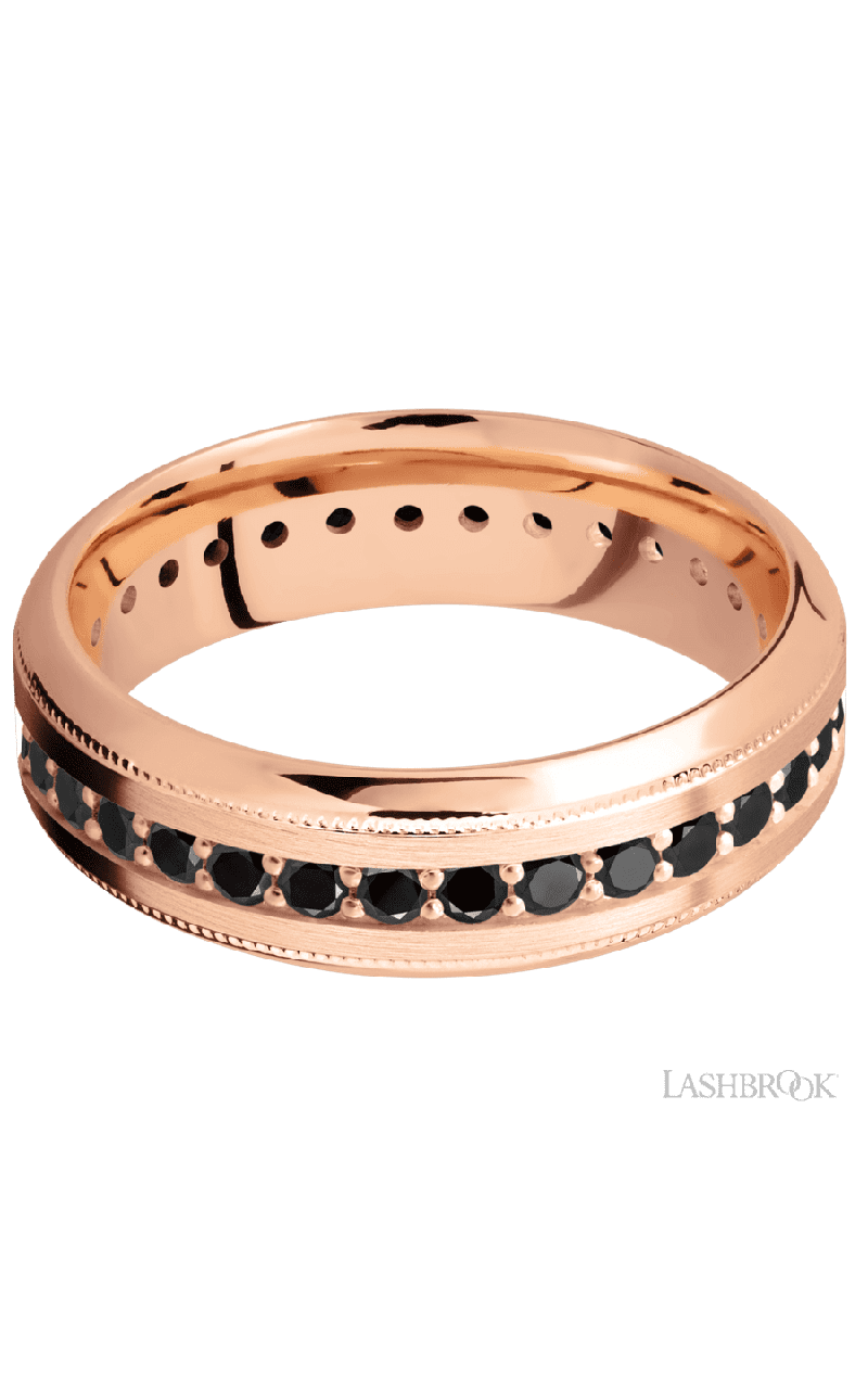 7 mm wide/High Bevel Milgrain/14K Rose Gold band with an Eternity arrangement of .03 carat Round Black Diamond stones in a Bead Channel setting.
