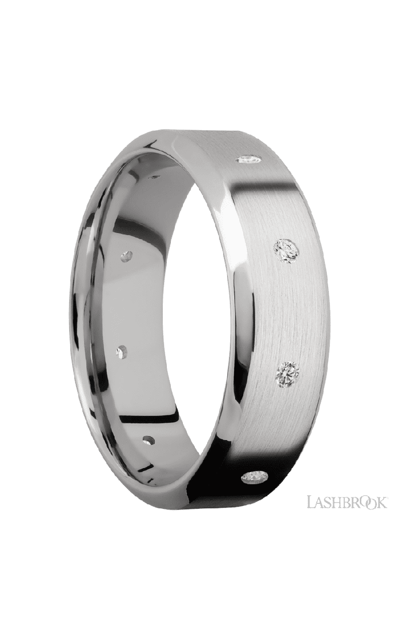 7 mm wide/High Bevel/14K White Gold band with a 9X Even arrangement of .03 carat Round Diamond stones in a Flush setting.
