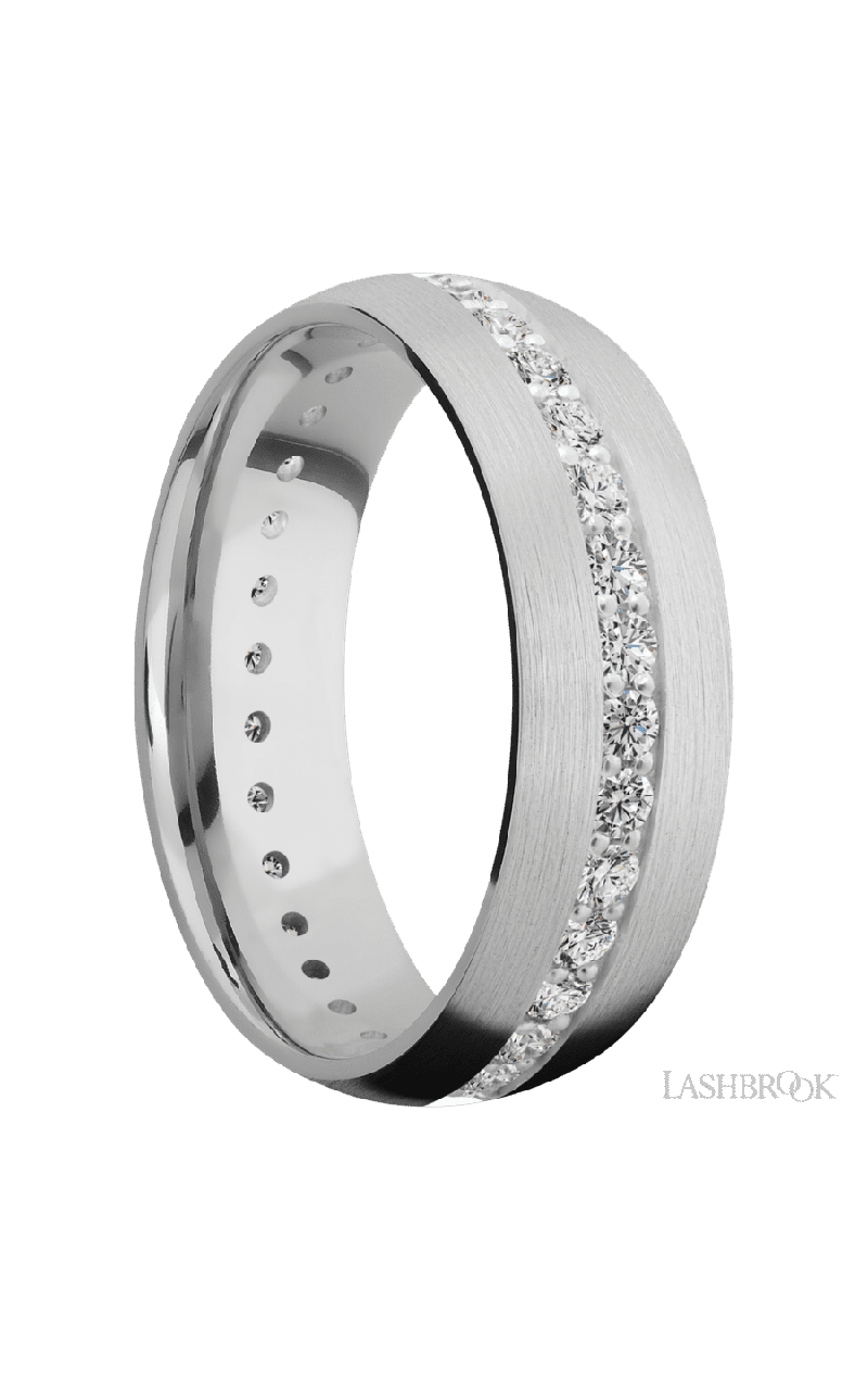 7 mm wide/Domed/14K White Gold band with an Eternity arrangement of .03 carat Round Diamond stones in a Bead Channel setting.