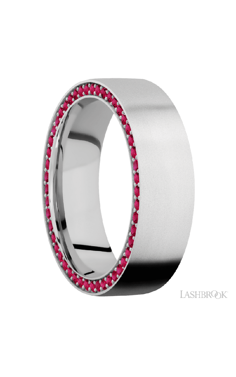 7 mm wide/Flat/14K White Gold band with a Side Eternity arrangement of .01 carat Round Ruby stones in a Bead Channel setting.