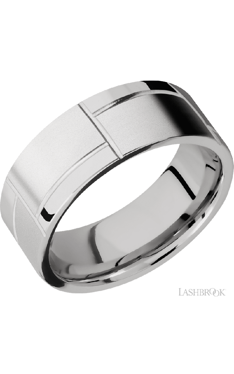 8 mm wide/Flat/14K White Gold band with a machined 3GOCHR pattern.