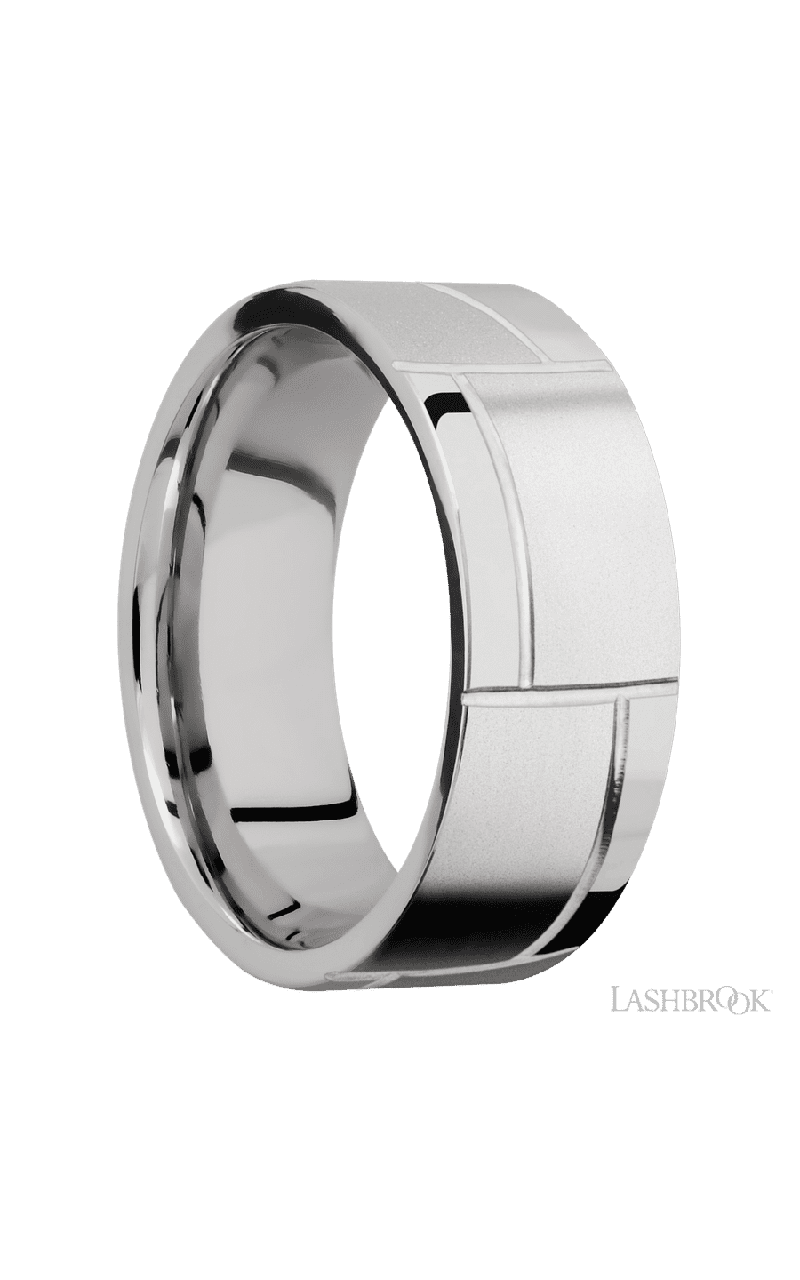 8 mm wide/Flat/14K White Gold band with a machined 3GOCHR pattern.