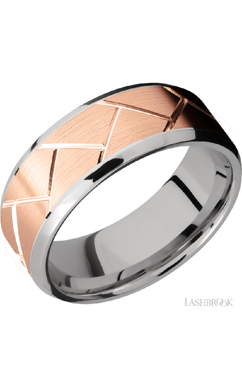 8 mm wide/Beveled/14K White Gold band with one 6 mm Centered inlay of 14K Rose Gold with a machined Flatweave pattern.
