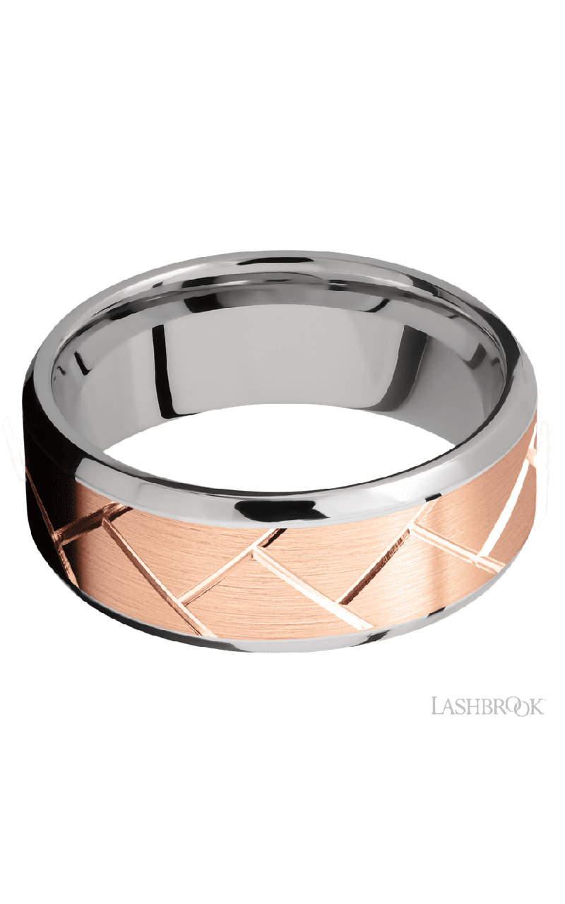 8 mm wide/Beveled/14K White Gold band with one 6 mm Centered inlay of 14K Rose Gold with a machined Flatweave pattern.
