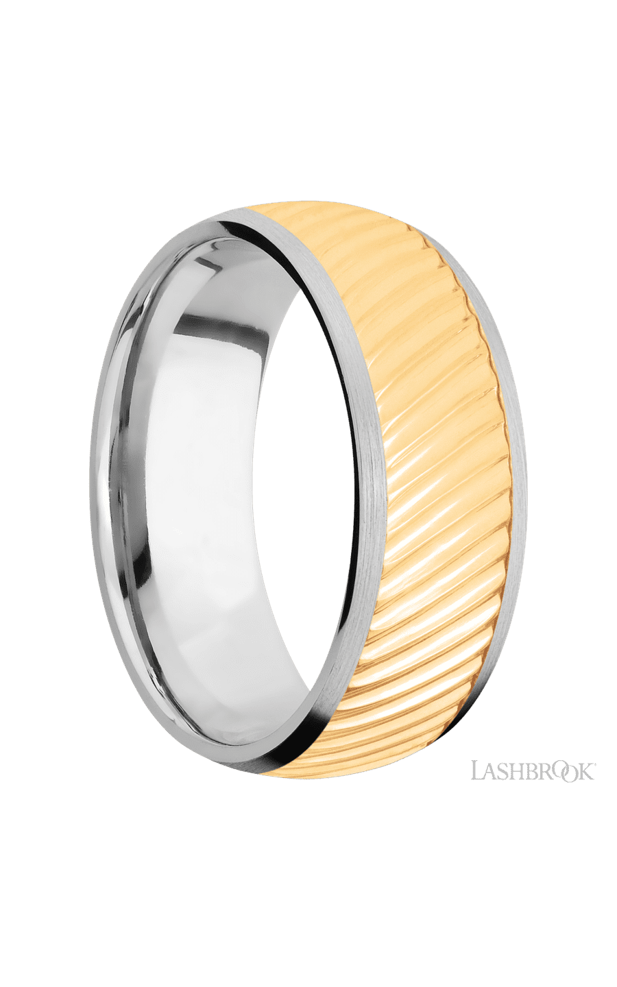 8 mm wide/Domed/14K White Gold band with one 6 mm Centered inlay of 14K Yellow Gold with a machined Ripple pattern.