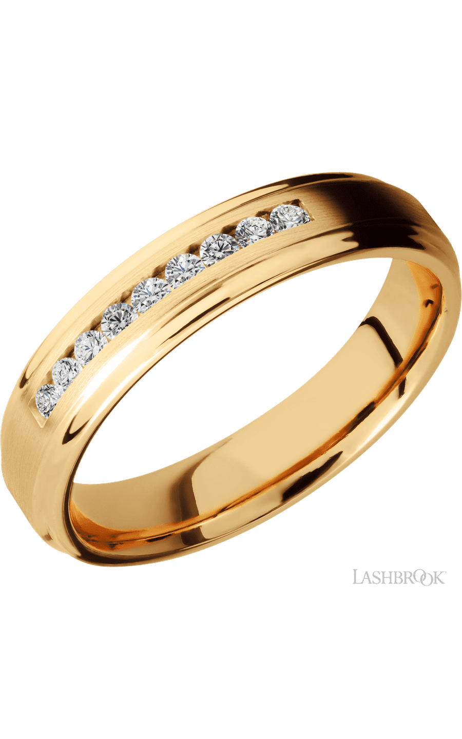 5 mm wide/Flat Grooved Edges/14K Yellow Gold band with an arrangement of 9, .03 carat Round Diamond stones in a Channel setting.