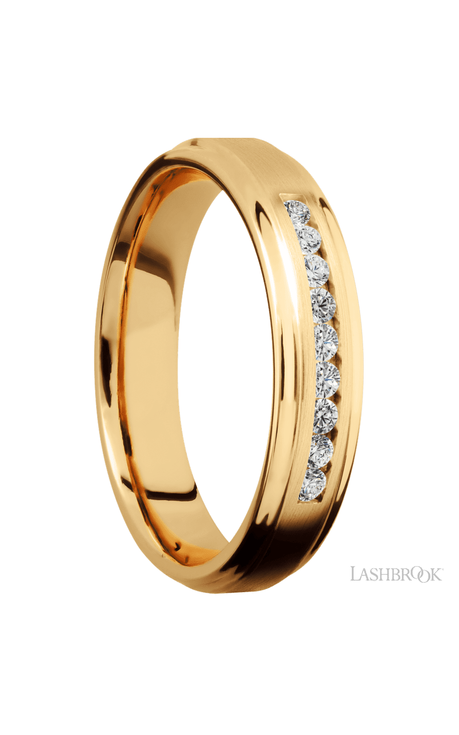 5 mm wide/Flat Grooved Edges/14K Yellow Gold band with an arrangement of 9, .03 carat Round Diamond stones in a Channel setting.