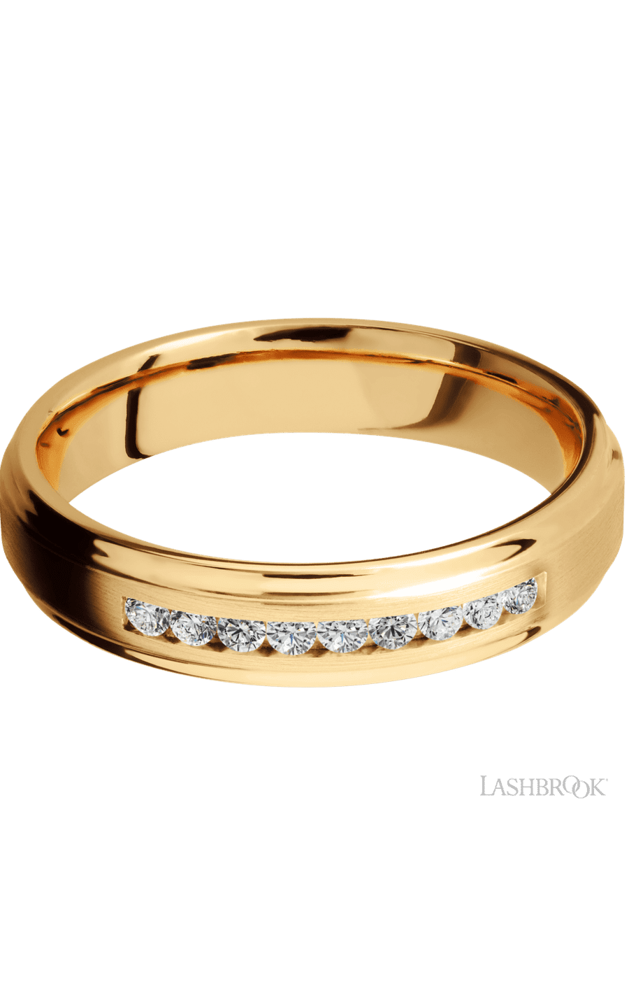 5 mm wide/Flat Grooved Edges/14K Yellow Gold band with an arrangement of 9, .03 carat Round Diamond stones in a Channel setting.
