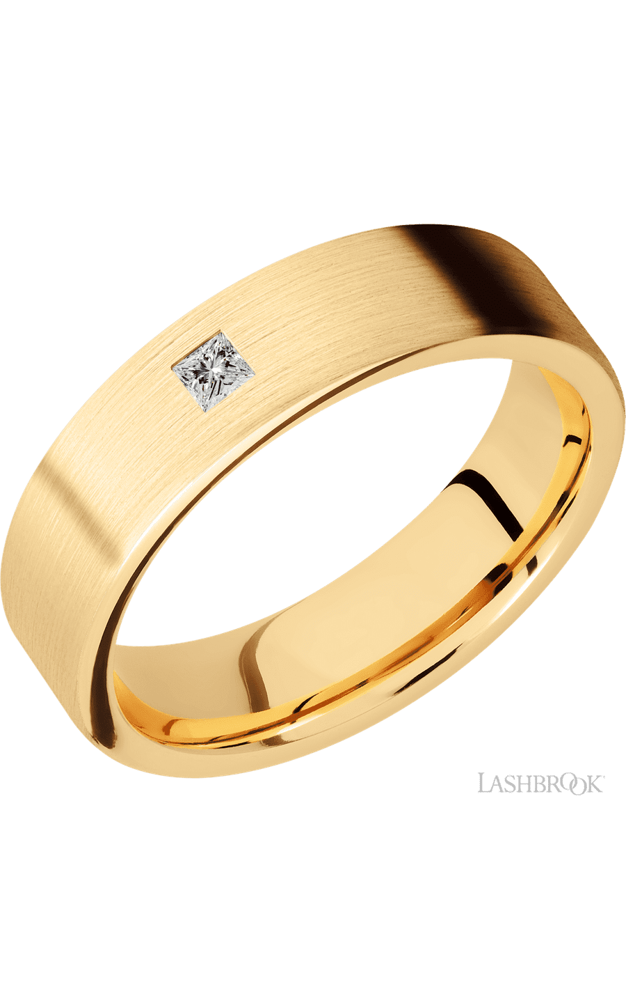 6 mm wide/Flat/14K Yellow Gold band with an arrangement of 1, .1 carat Princess Diamond stones in a Flush setting.