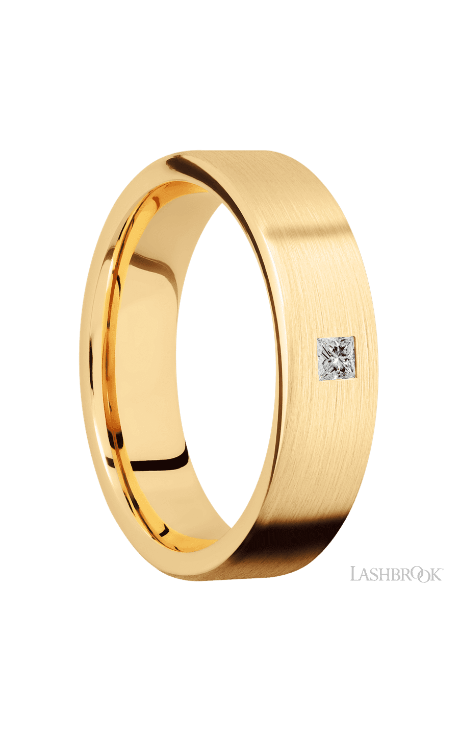6 mm wide/Flat/14K Yellow Gold band with an arrangement of 1, .1 carat Princess Diamond stones in a Flush setting.