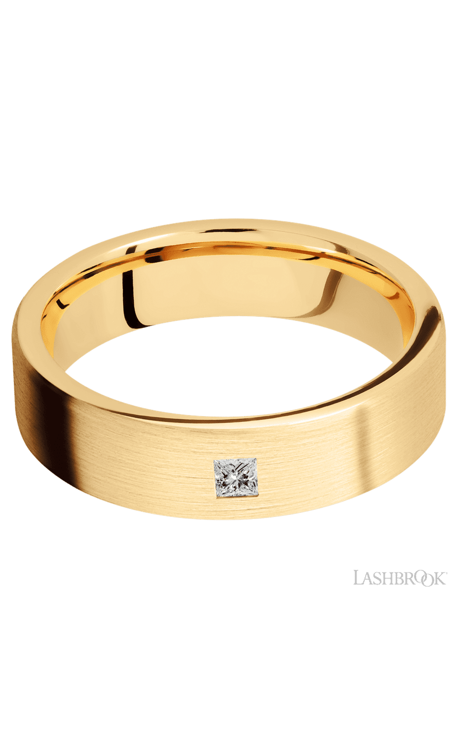 6 mm wide/Flat/14K Yellow Gold band with an arrangement of 1, .1 carat Princess Diamond stones in a Flush setting.