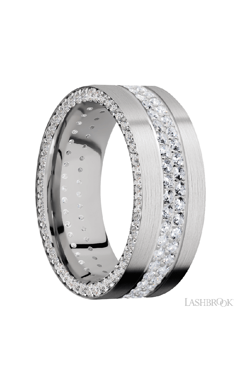 8 mm wide/Flat/14K White Gold band with a Side Eternity arrangement of .01 carat Round Diamond stones in a Bead Channel setting and featuring a a 2 Row Eternity arrangement of .015 carat Round Diamond stones in a Bead Channel setting
