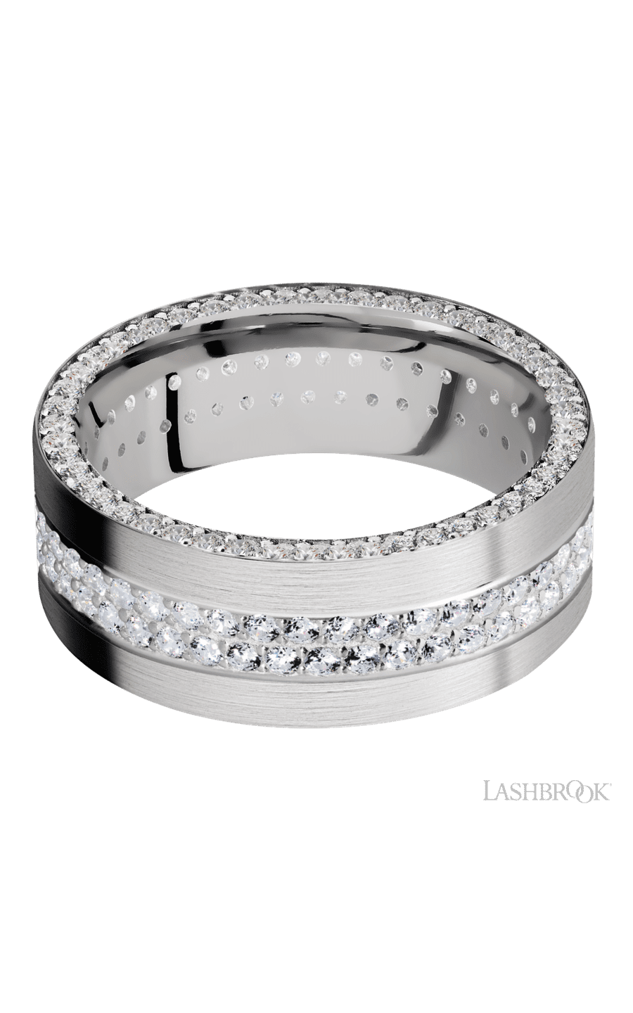 8 mm wide/Flat/14K White Gold band with a Side Eternity arrangement of .01 carat Round Diamond stones in a Bead Channel setting and featuring a a 2 Row Eternity arrangement of .015 carat Round Diamond stones in a Bead Channel setting