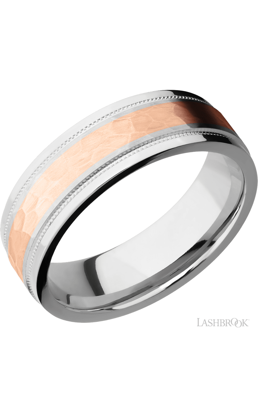 7 mm wide/Flat Stepped Edges Milgrain/Cobalt Chrome band with one 3 mm Centered inlay of 14K Rose Gold.