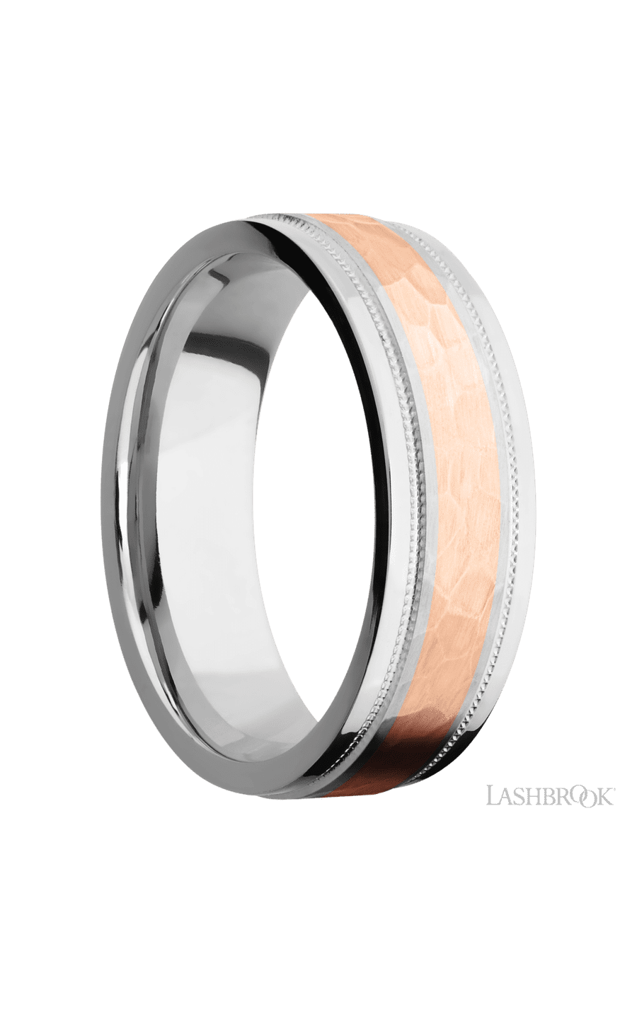 7 mm wide/Flat Stepped Edges Milgrain/Cobalt Chrome band with one 3 mm Centered inlay of 14K Rose Gold.