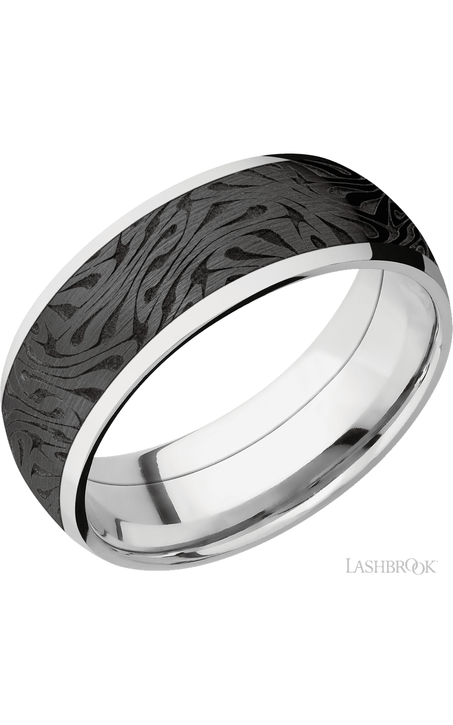 8 mm wide/Domed/Cobalt Chrome band with one 6 mm Centered inlay of Zirconium with a laser carved Escher 1 pattern.