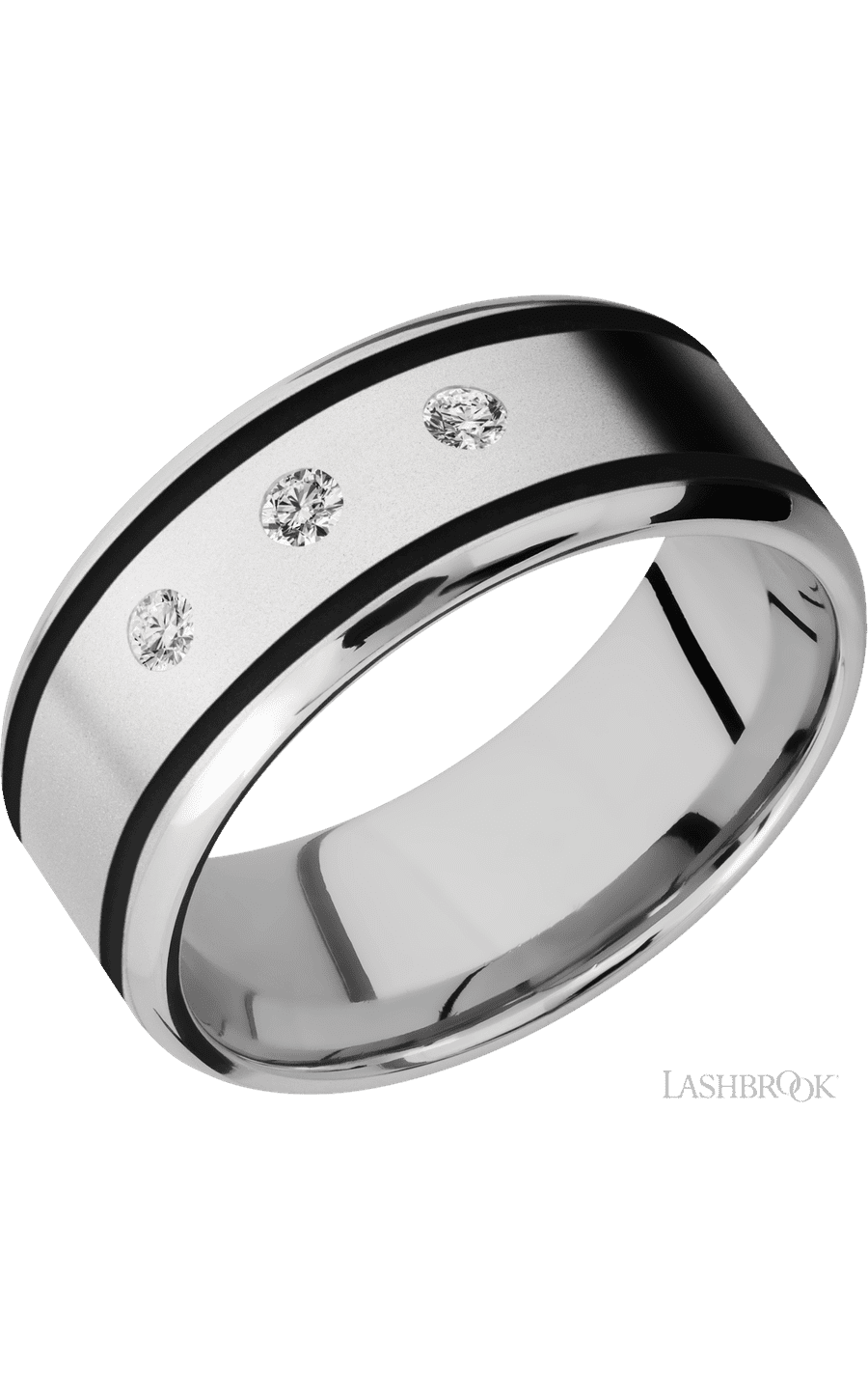 9 mm wide/Beveled/Cobalt Chrome band with two 1 mm Wide inlays of Black and featuring an arrangement of 3, .05 carat Round Diamond stones in a Flush setting