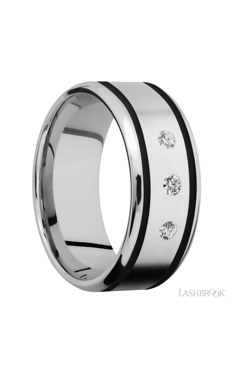 9 mm wide/Beveled/Cobalt Chrome band with two 1 mm Wide inlays of Black and featuring an arrangement of 3, .05 carat Round Diamond stones in a Flush setting