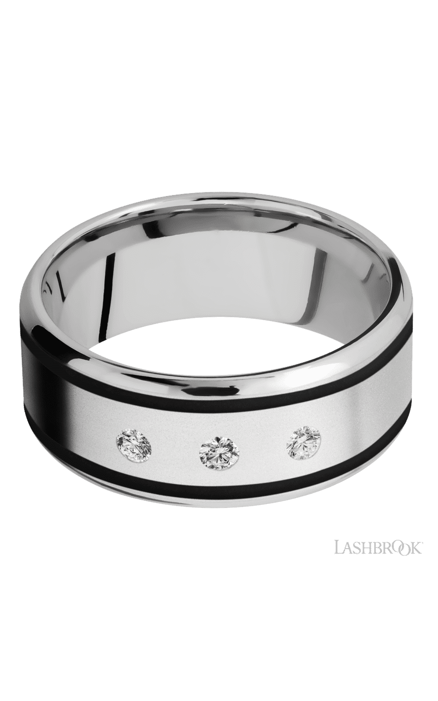 9 mm wide/Beveled/Cobalt Chrome band with two 1 mm Wide inlays of Black and featuring an arrangement of 3, .05 carat Round Diamond stones in a Flush setting