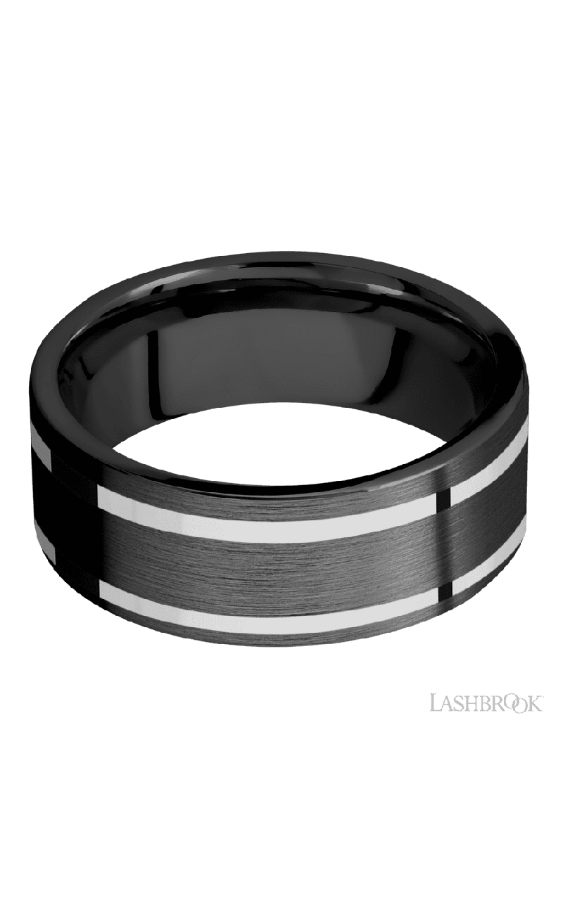 8 mm wide/Flat/Zirconium band with two 1 mm Wide inlays of 14K White Gold.