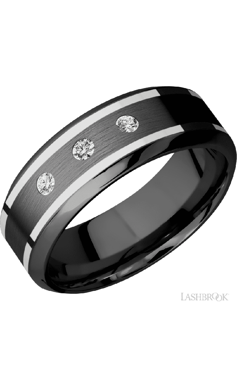 8 mm wide/High Bevel/Zirconium band with two 1 mm Wide inlays of 14K White Gold and featuring an arrangement of 3, .05 carat Round Diamond (ST) stones in a Flush setting