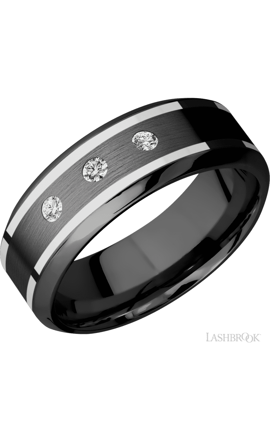 8 mm wide/High Bevel/Zirconium band with two 1 mm Wide inlays of 14K White Gold and featuring an arrangement of 3, .05 carat Round Diamond (ST) stones in a Flush setting