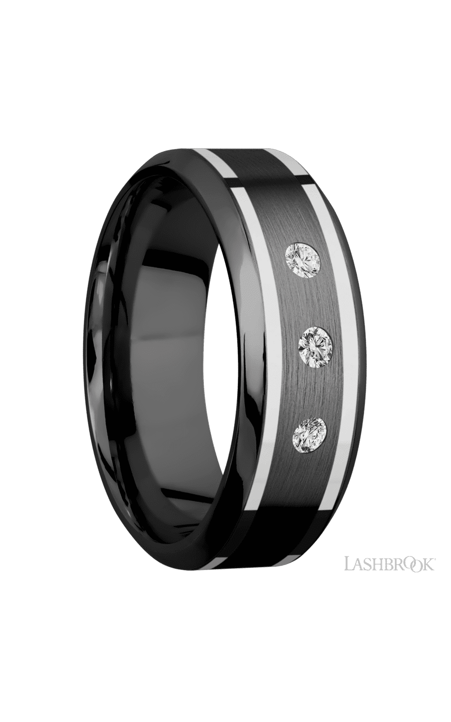 8 mm wide/High Bevel/Zirconium band with two 1 mm Wide inlays of 14K White Gold and featuring an arrangement of 3, .05 carat Round Diamond (ST) stones in a Flush setting