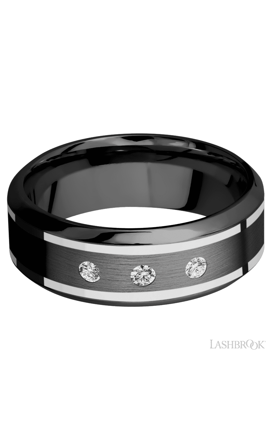 8 mm wide/High Bevel/Zirconium band with two 1 mm Wide inlays of 14K White Gold and featuring an arrangement of 3, .05 carat Round Diamond (ST) stones in a Flush setting