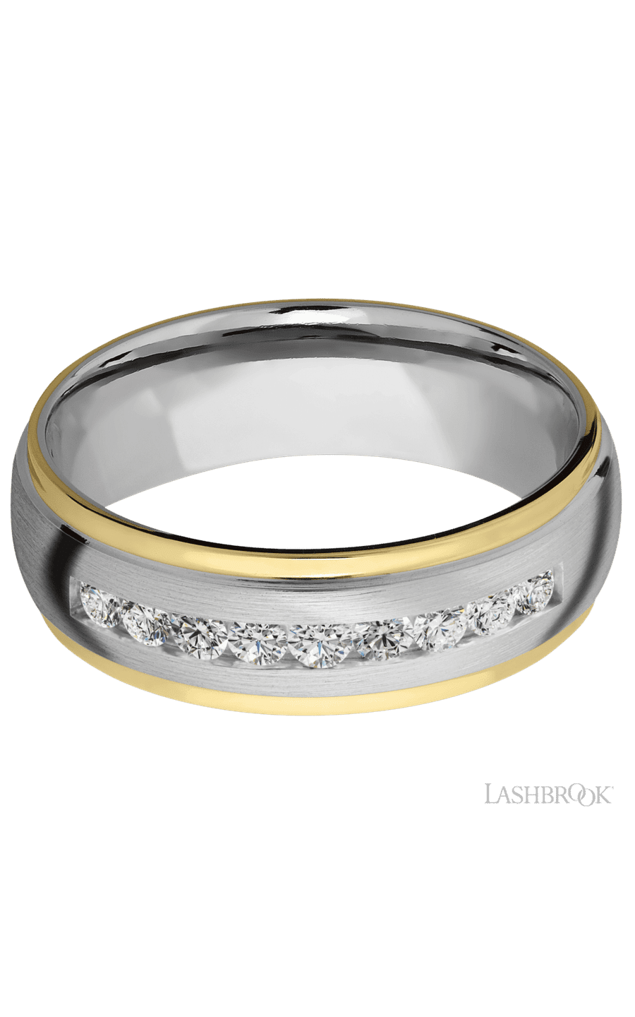 7 mm wide/Domed Stepped Down Edges/Cobalt Chrome band with an arrangement of 9, .05 carat Round Lab Grown Diamond stones in a Channel setting and featuring two 1 mm Edge inlays of 14K Yellow Gold
