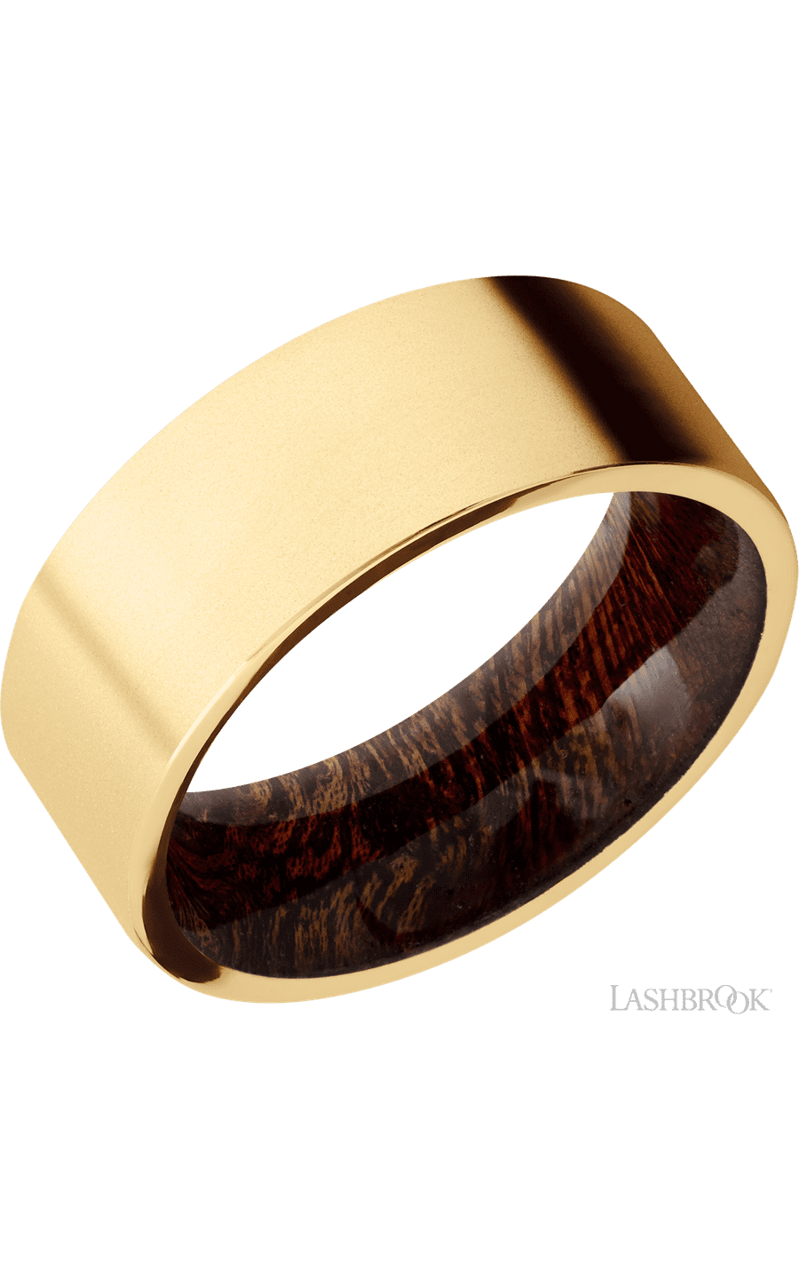 8 mm wide Flat 14K Yellow Gold band featuring a Sapele sleeve.