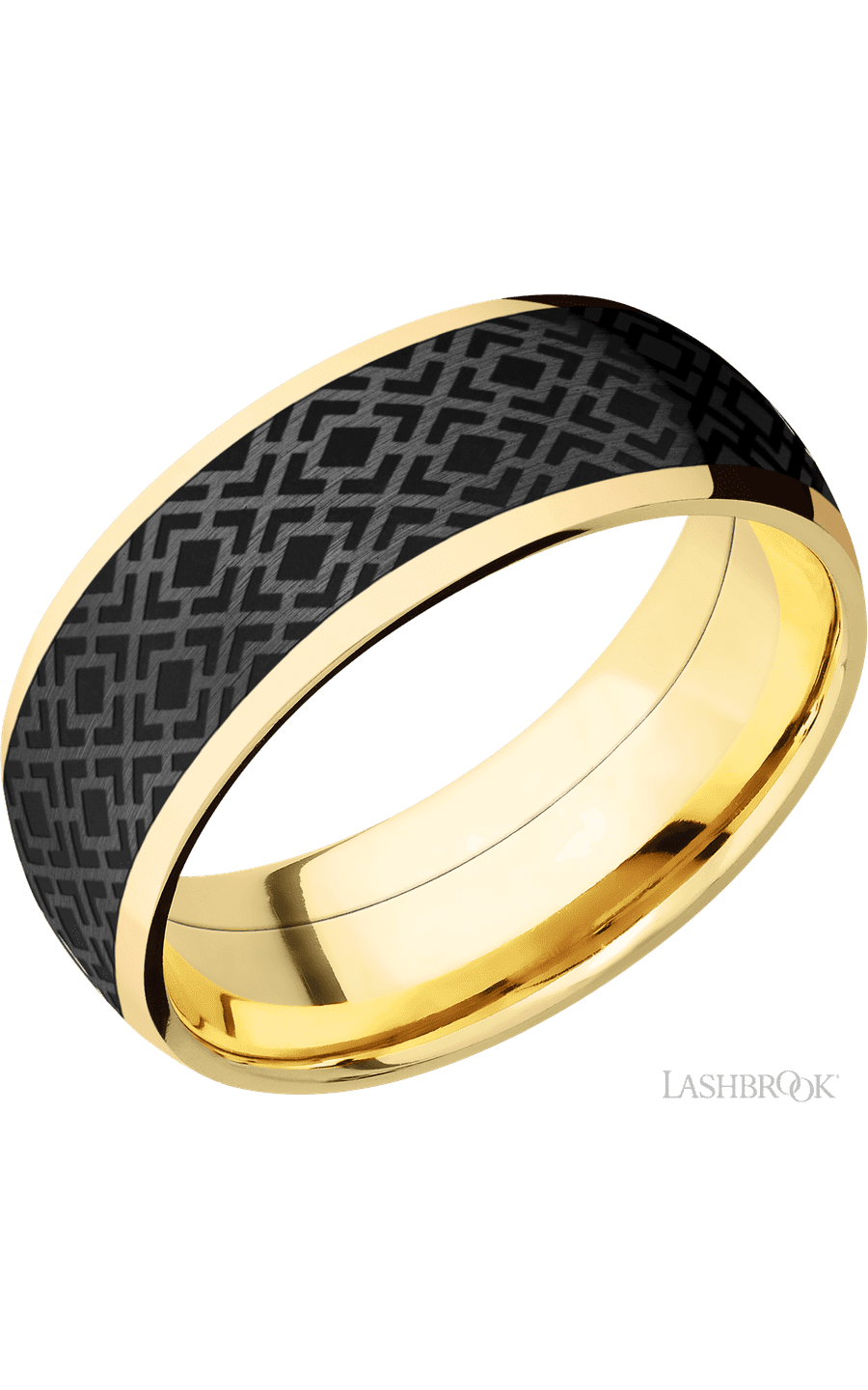 8 mm wide/Domed/14K Yellow Gold band with one 6 mm Centered inlay of Zirconium with a laser carved Trellis 2 pattern.