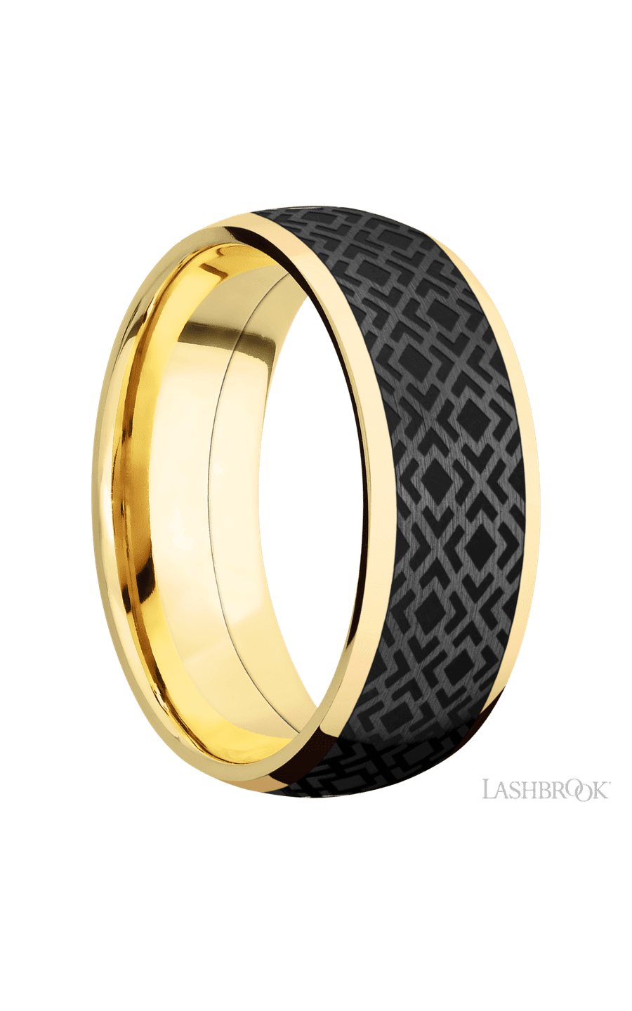 8 mm wide/Domed/14K Yellow Gold band with one 6 mm Centered inlay of Zirconium with a laser carved Trellis 2 pattern.