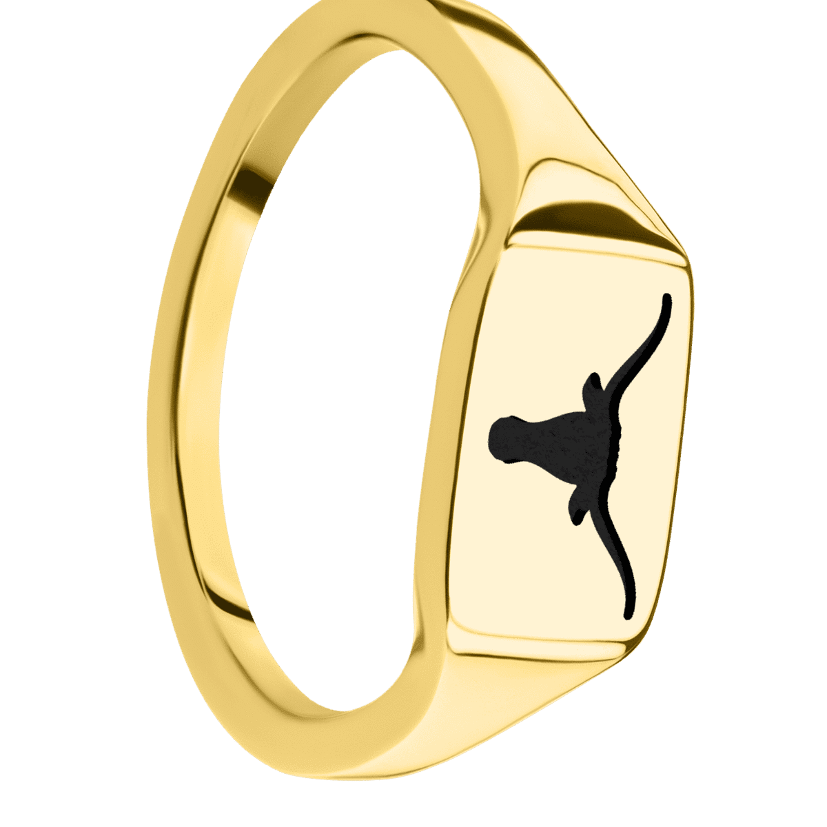 Small Horizontal Rectangle signet ring (12x9mm) in 14K Yellow Gold, with a Thin style band and a Texas Longhorn engraving.