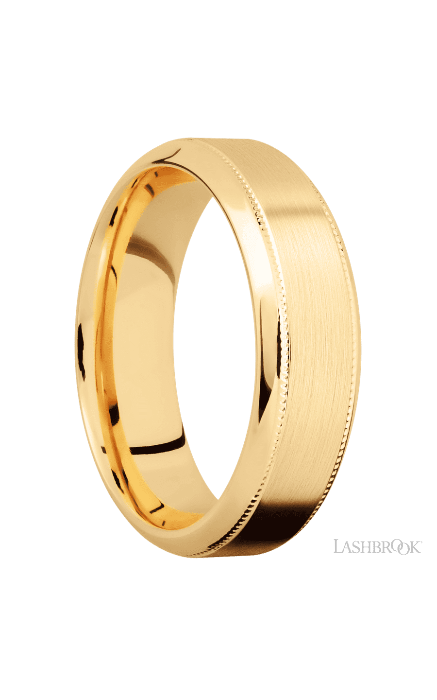 7 mm wide High Bevel Milgrain 14K Yellow Gold band.