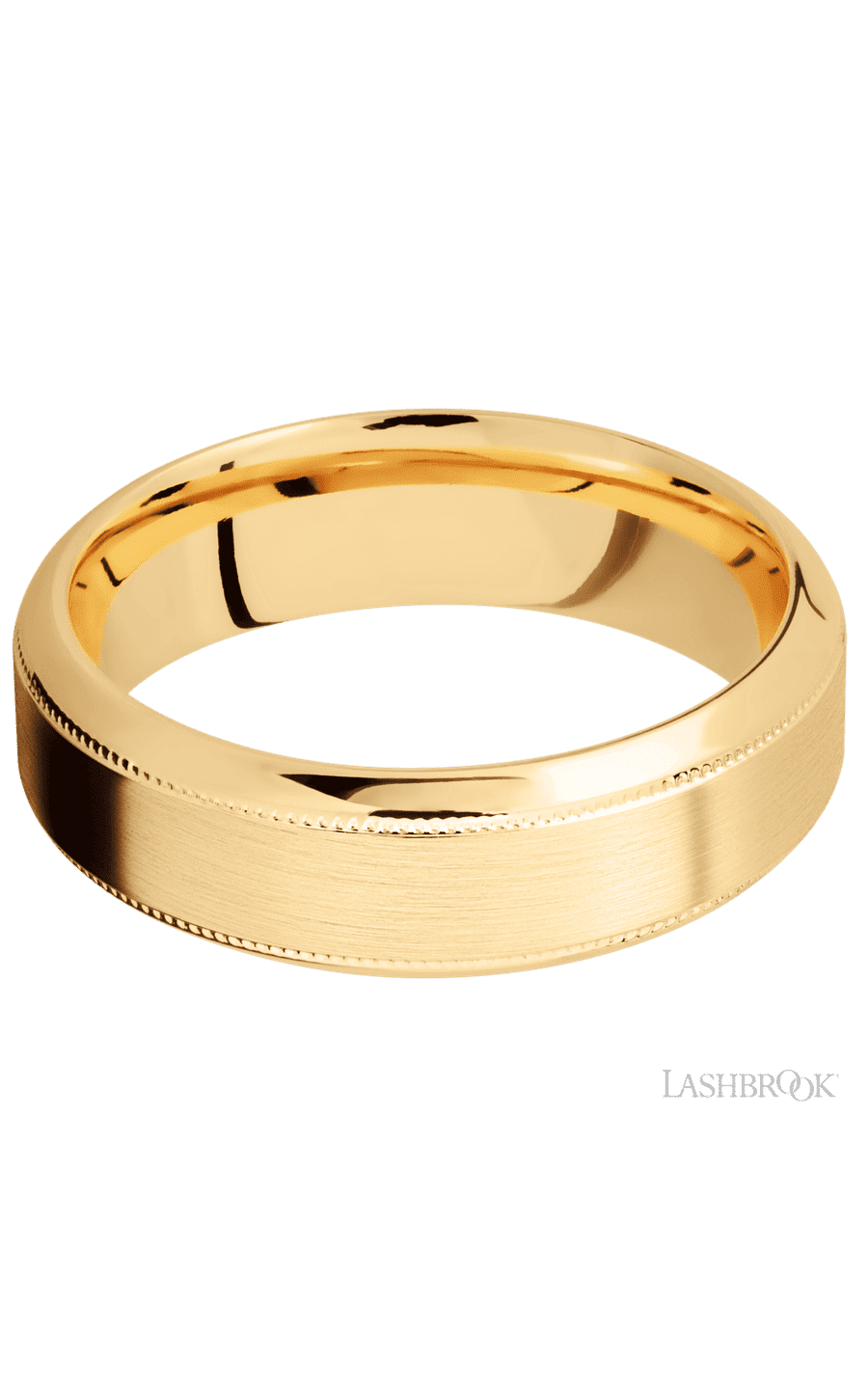 7 mm wide High Bevel Milgrain 14K Yellow Gold band.