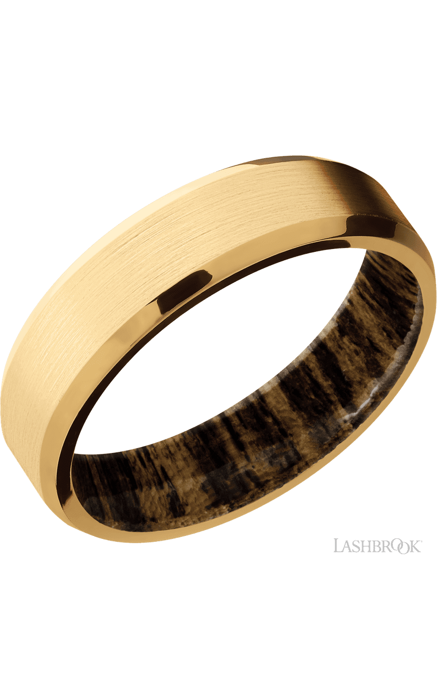6 mm wide Beveled 18K Yellow Gold band featuring a Bocote sleeve.
