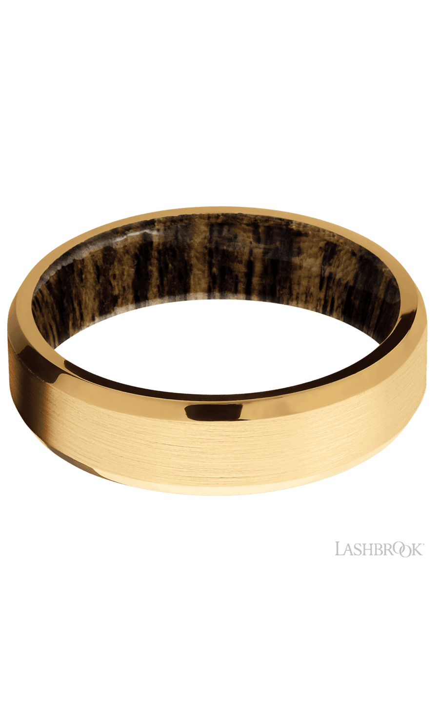 6 mm wide Beveled 18K Yellow Gold band featuring a Bocote sleeve.