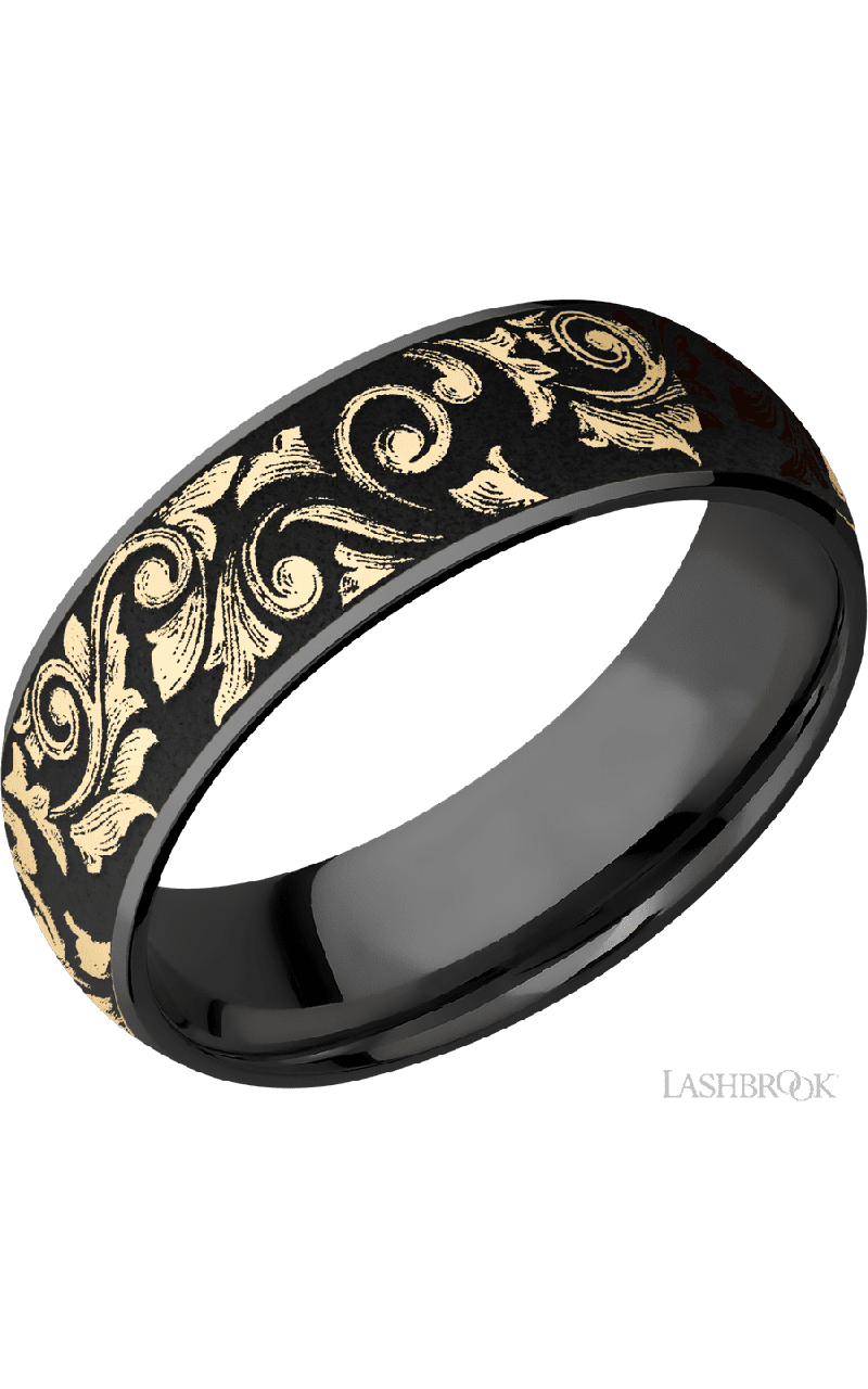 7 mm wide/Domed/Zirconium band with one 6 mm Centered inlay of 14K Yellow Gold with a laser carved Western Scroll pattern.