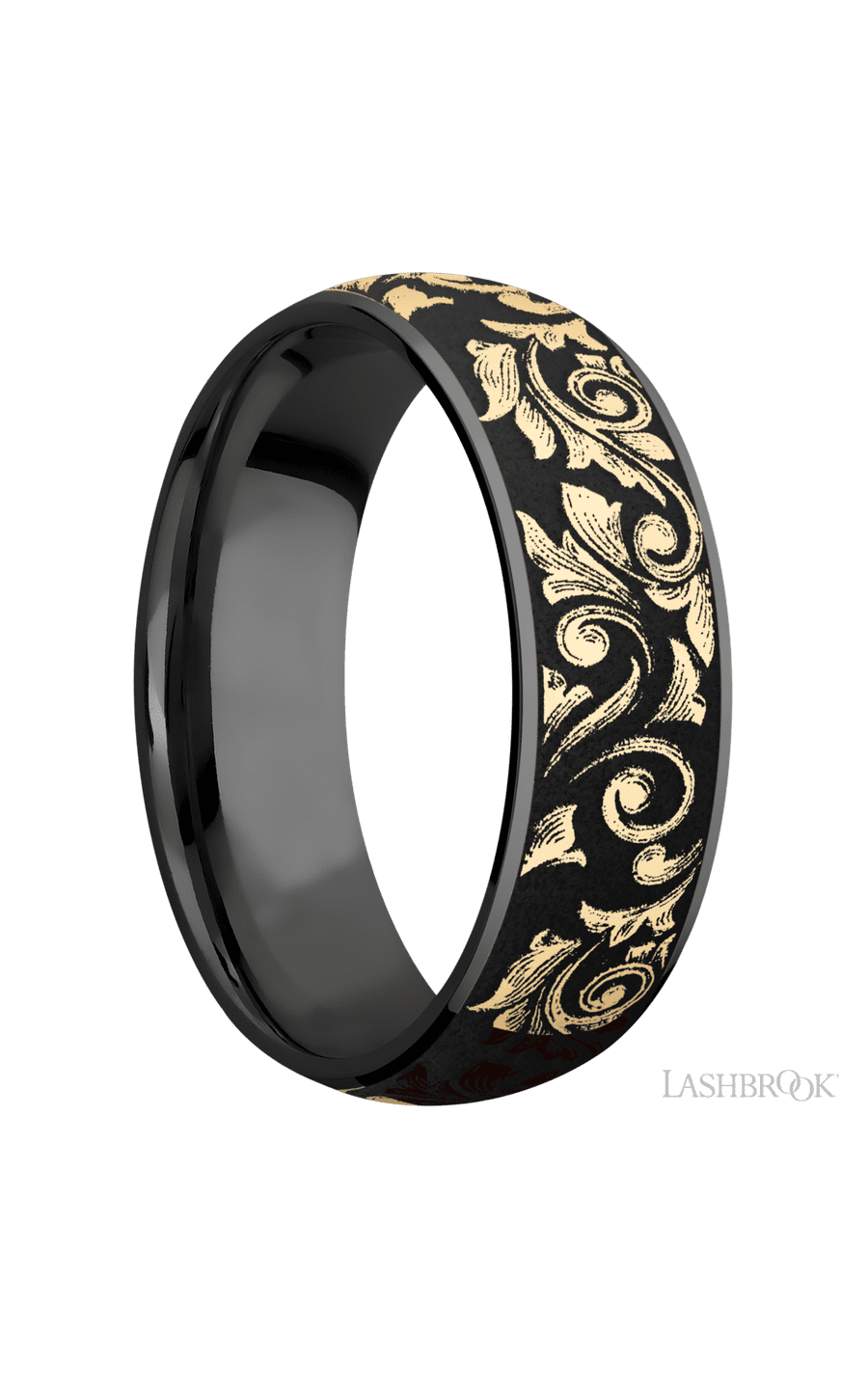 7 mm wide/Domed/Zirconium band with one 6 mm Centered inlay of 14K Yellow Gold with a laser carved Western Scroll pattern.