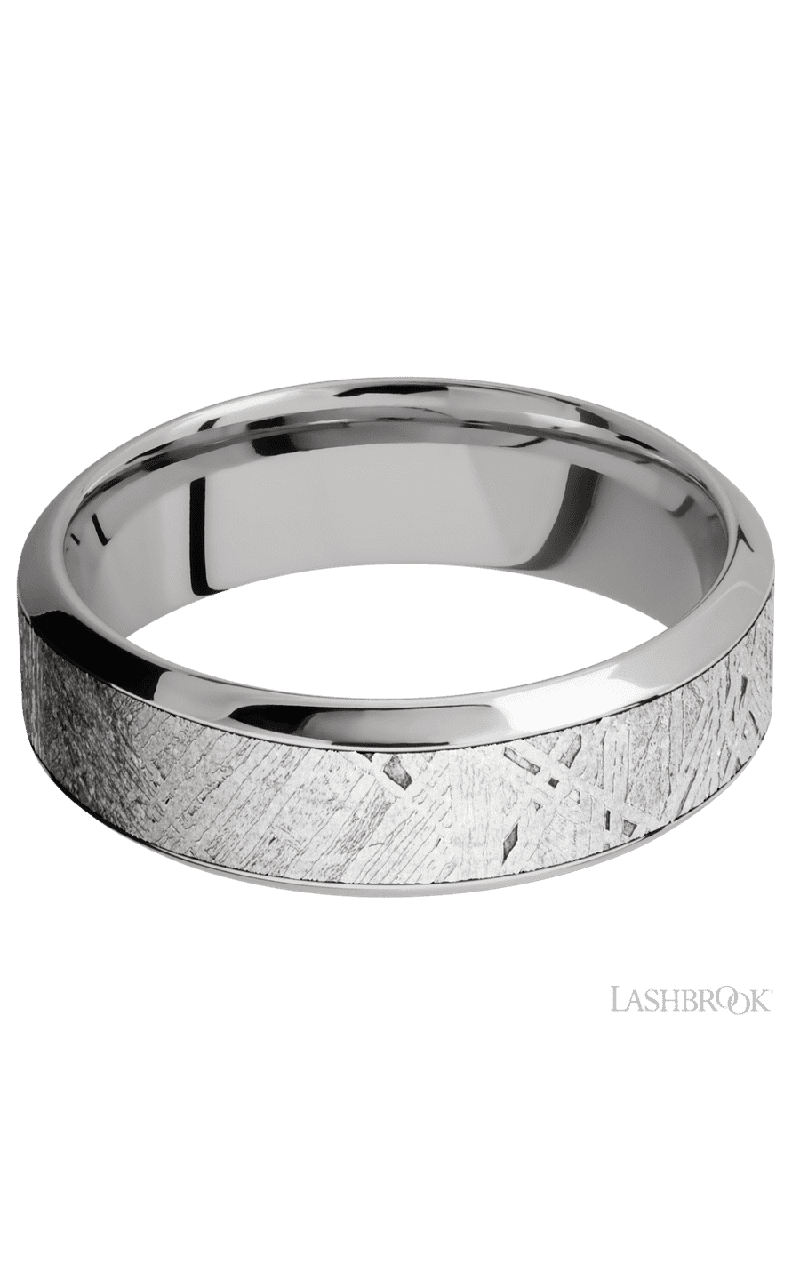 7 mm wide/High Bevel/18K White Gold band with one 4 mm Centered inlay of Meteorite.