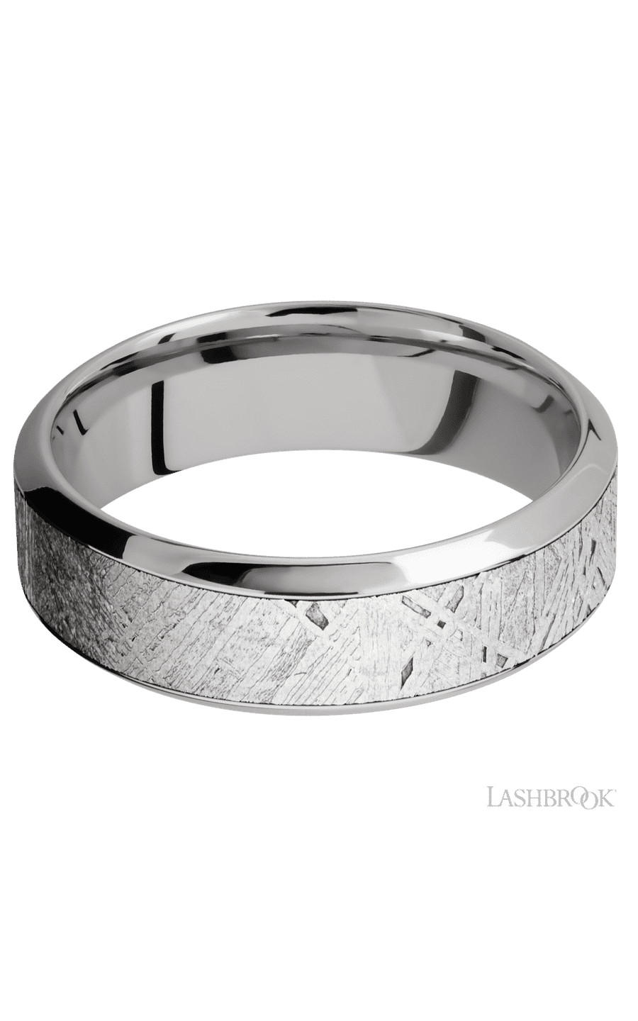 7 mm wide/High Bevel/18K White Gold band with one 4 mm Centered inlay of Meteorite.
