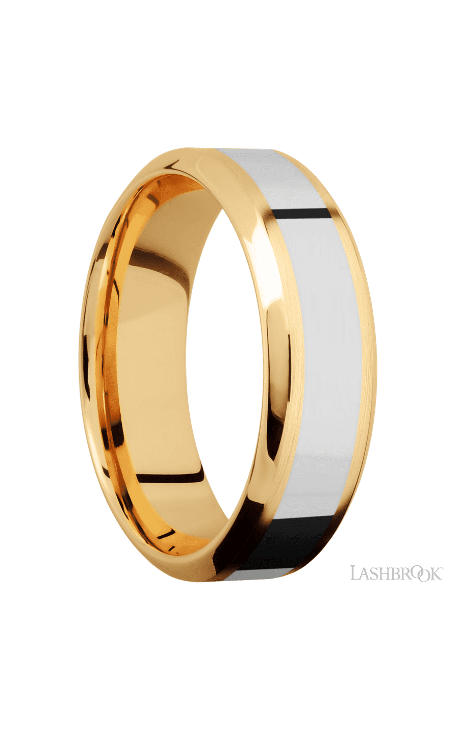7 mm wide/High Bevel/14K Yellow Gold band with one 3 mm Centered inlay of 14K White Gold.