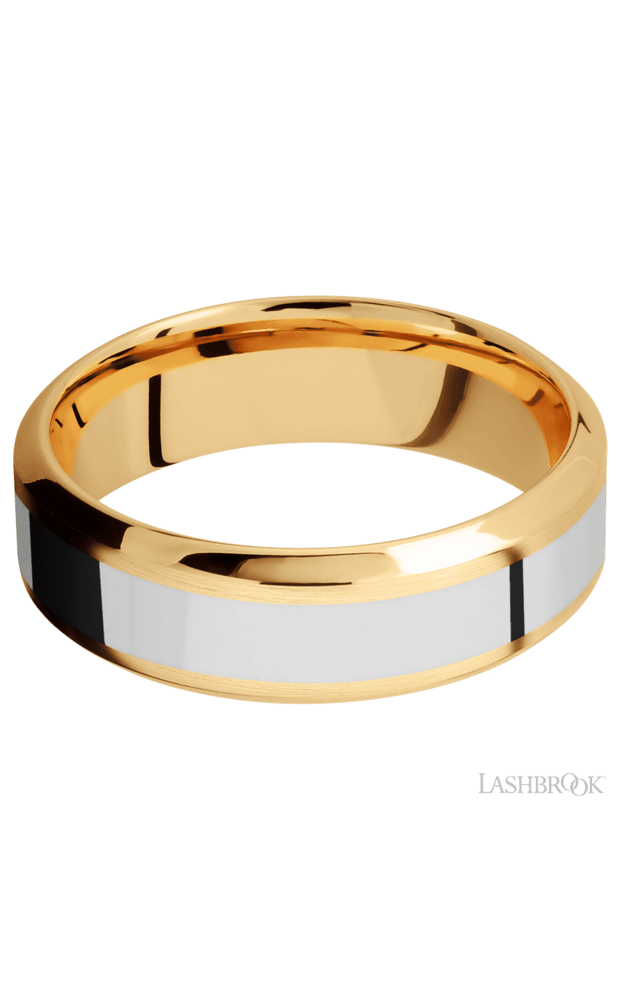 7 mm wide/High Bevel/14K Yellow Gold band with one 3 mm Centered inlay of 14K White Gold.