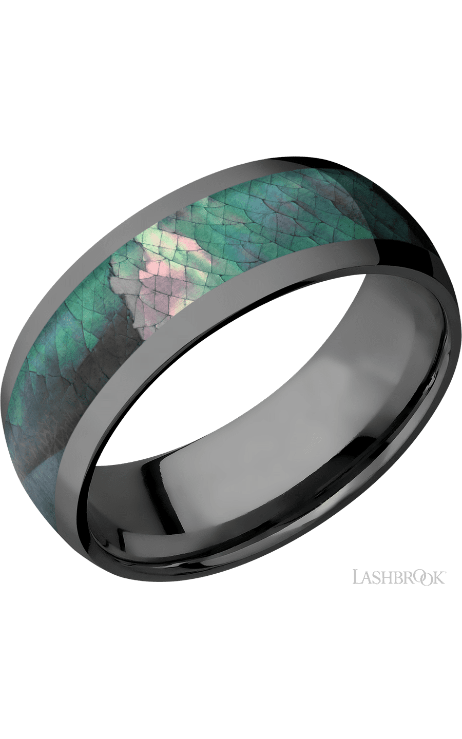 8 mm wide/Domed/Zirconium band with one 5 mm Centered inlay of Black Mother of Pearl.