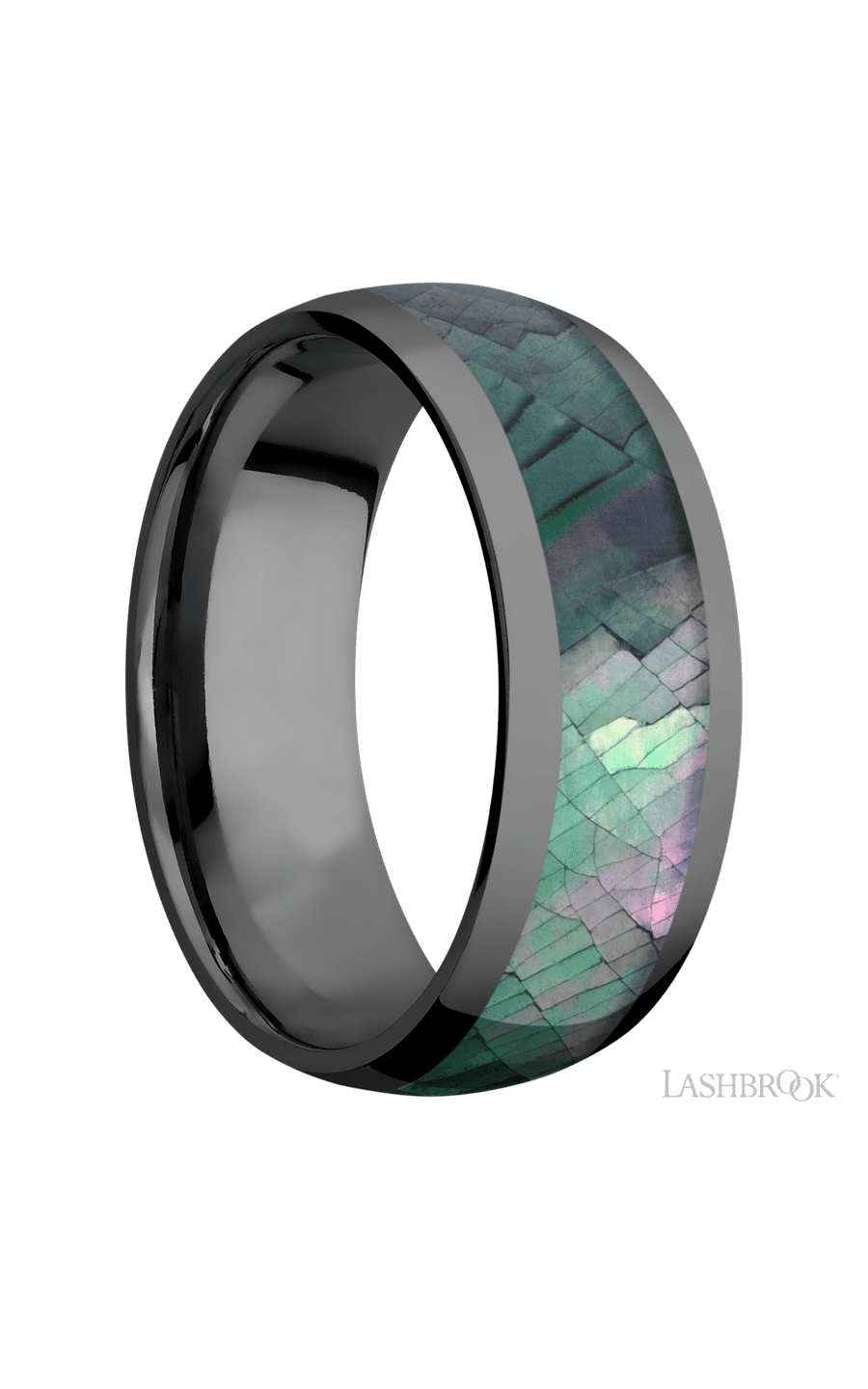 8 mm wide/Domed/Zirconium band with one 5 mm Centered inlay of Black Mother of Pearl.