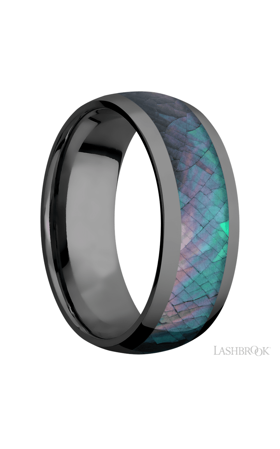 8 mm wide/Domed/Zirconium band with one 5 mm Centered inlay of Black Mother of Pearl.