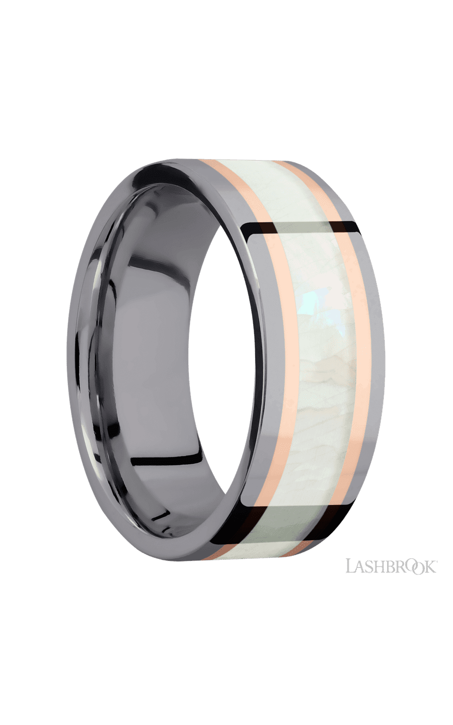 8 mm wide/Flat/Tantalum band featuring inlays of 14K Rose Gold and Freshwater Mother of Pearl.