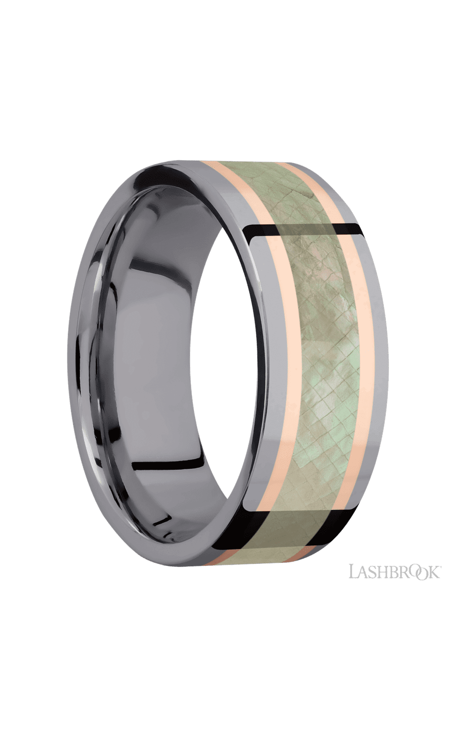 8 mm wide/Flat/Tantalum band featuring inlays of 14K Rose Gold and Freshwater Mother of Pearl.